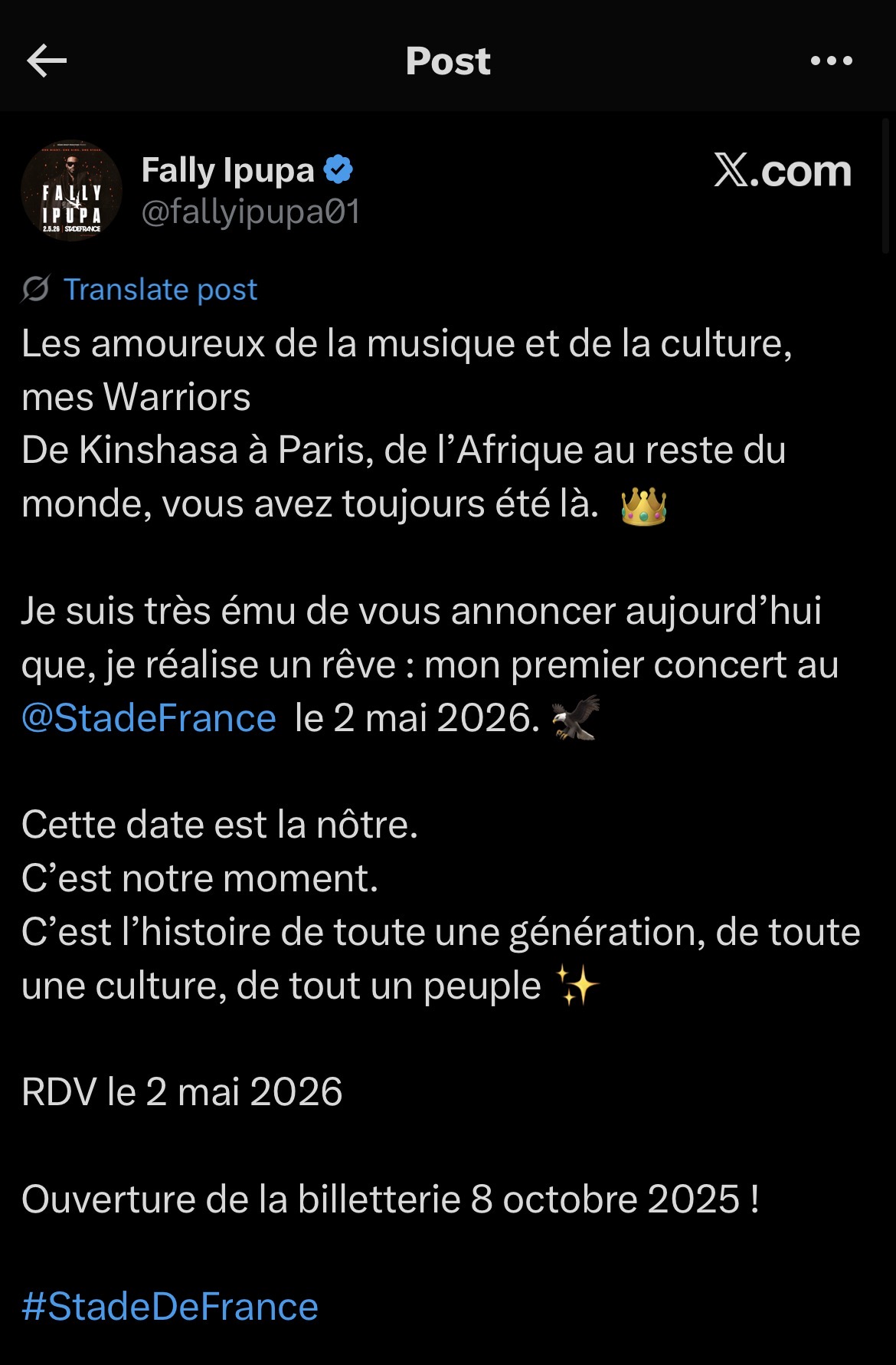 Message de Fally Ipupa